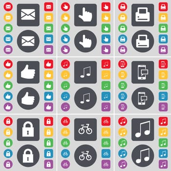 Message, Hand, Printer, Like, Note, SMS, Lock, Bicycle, Note icon symbol. A large set of flat, colored buttons for your design. illustration