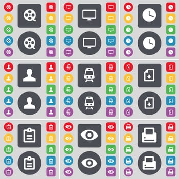Videotape, Monitor, Clock, Avatar, Train, File, Survey, Vision, Printer icon symbol. A large set of flat, colored buttons for your design. illustration