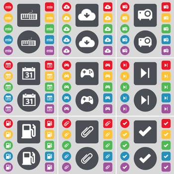Keyboard, Cloud, Projector, Calendar, Gamepad, Media skip, Gas station, Clip, Tick icon symbol. A large set of flat, colored buttons for your design. illustration