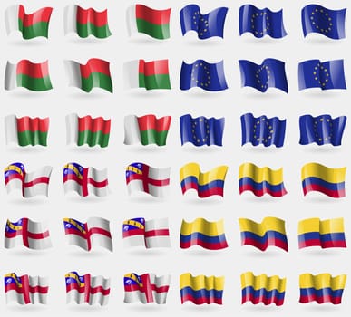 Madagascar, European Union, Herm, Colombia. Set of 36 flags of the countries of the world. illustration