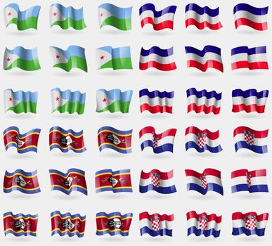 Djibouti, Los Altos, Swaziland, Croatia. Set of 36 flags of the countries of the world. illustration