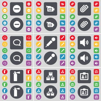 Minus, Film camera, Clip, Chat bubble, Microphone, Sound, Fire extinguisher, Network, Contact icon symbol. A large set of flat, colored buttons for your design. illustration
