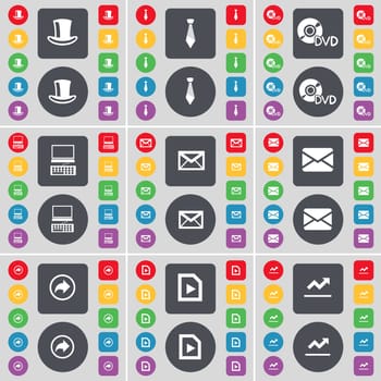 Cooking hat, Tie, DVD, Laptop, Message, Back, File, Graph icon symbol. A large set of flat, colored buttons for your design. illustration
