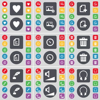 Heart, Picture, File, Text file, Compass, Trash can, Ink pot, Volume, Headphones icon symbol. A large set of flat, colored buttons for your design. illustration