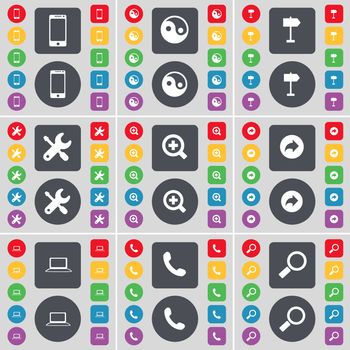 Smartphone, Tin-Yang, Signpost, Wrech, Magnifying glass, Back, Laptop, Receiver, Magnifying glass icon symbol. A large set of flat, colored buttons for your design. illustration