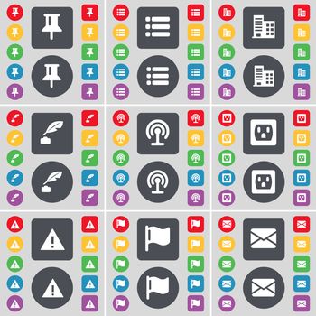 Pin, List, Building, Ink pot, Wi-Fi, Socket, Warning, Flag, Message icon symbol. A large set of flat, colored buttons for your design. illustration