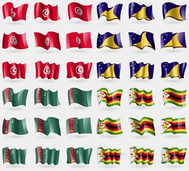 Tunusia, Tokelau, Turkmenistan, Zimbabwe. Set of 36 flags of the countries of the world. illustration