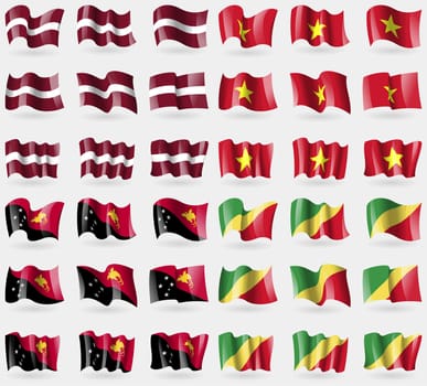 Latvia, Vietnam, Papua New Guinea, Congo Republic. Set of 36 flags of the countries of the world. illustration