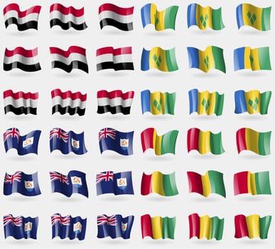 Yemen, Saint Vincent and Grenadines, Anguilla, Guinea. Set of 36 flags of the countries of the world. illustration
