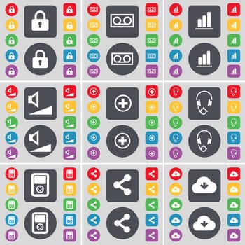 Lock, Cassette, Diagram, Volume, Plus, Headphones, Player, Share, Cloud icon symbol. A large set of flat, colored buttons for your design. illustration