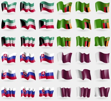 Kuwait, Zambia, Slovakia, Qatar. Set of 36 flags of the countries of the world. illustration