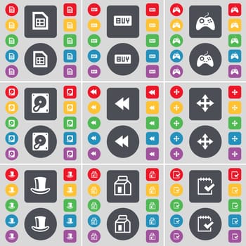 File, Buy, Gamepad, Hard drive, Rewind, Moving, Silk hat, Packing, Survey icon symbol. A large set of flat, colored buttons for your design. illustration