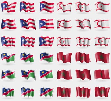 Puerto Rico, Turkish Northern Cyprus, Namibia, Morocco. Set of 36 flags of the countries of the world. illustration