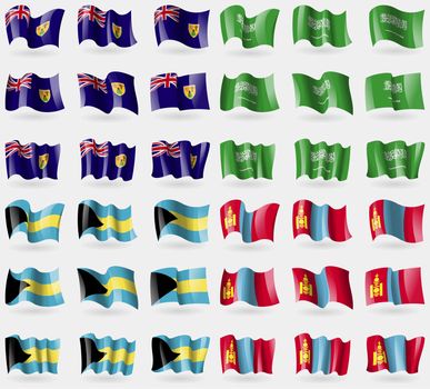 Turks and Caicos, Saudi Arabia, Bahamas, Mongolia. Set of 36 flags of the countries of the world. illustration