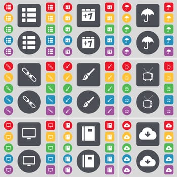 List, Plus one, Umbrella, Link, Brush, Retro TV, Monitor, Notebook, Cloud icon symbol. A large set of flat, colored buttons for your design. illustration