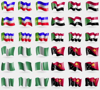 Khakassia, Sudan, Nigeria, Papua New Guinea. Set of 36 flags of the countries of the world. illustration