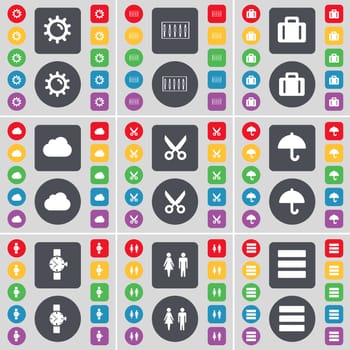 Gear, Equalizer, Suitcase, Cloud, Scissors, Umbrella, Wrist watch, Silhouette, Apps icon symbol. A large set of flat, colored buttons for your design. illustration