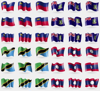 Liechtenstein, VirginIslandsUK, Tanzania, Laos. Set of 36 flags of the countries of the world. illustration