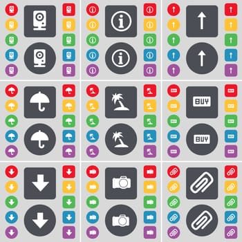Speaker, Information, Arrow up, Umbrella, Palm, Buy, Arrow down, Camera, Clip icon symbol. A large set of flat, colored buttons for your design. illustration