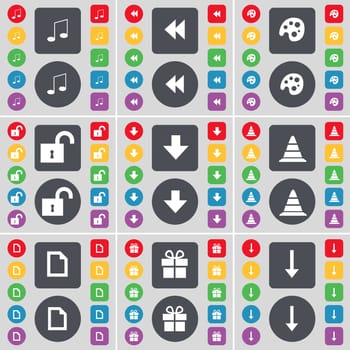 Note, Rewind, Palette, Lock, Arrow down, Cone, File, Gift, Arrow down icon symbol. A large set of flat, colored buttons for your design. illustration