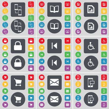 Smartphone, Book, Media file, Lock, Media skip, Disabled person, Shopping cart, Message, SMS icon symbol. A large set of flat, colored buttons for your design. illustration