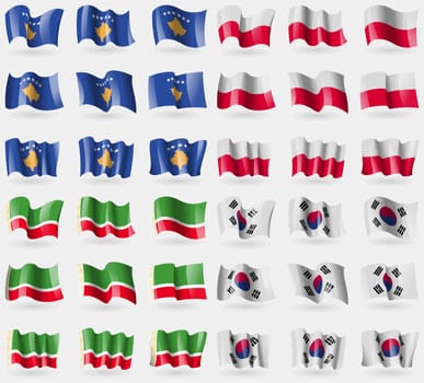 Kosovo, Poland, Chechen Republic, Korea South. Set of 36 flags of the countries of the world. illustration