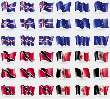 Iceland, European Union, Trinidad and Tobago, Udmurtia. Set of 36 flags of the countries of the world. illustration