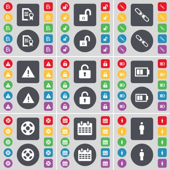 Text file, Lock, Link, Warning, Lock, Battery, Videotape, Calendar, Silhouette icon symbol. A large set of flat, colored buttons for your design. illustration