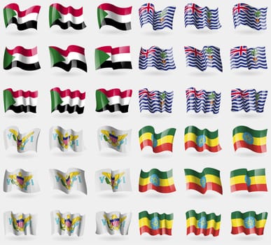 Sudan, British Indian Ocean Territory, VirginIslandsUS, Ethiopia. Set of 36 flags of the countries of the world. illustration