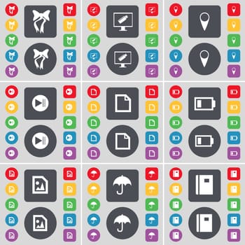 Bow, Monitor, Checkpoint, Media skip, File, Battery, Media file, Umbrella, Notebook icon symbol. A large set of flat, colored buttons for your design. illustration