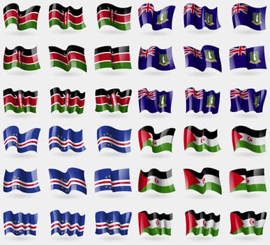 Kenya, VirginIslandsUK, Cape Verde, Western Sahara. Set of 36 flags of the countries of the world. illustration