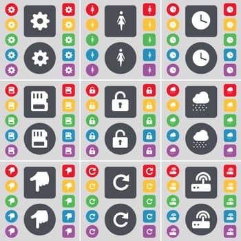 Gear, Silhouette, Clock, SIM card, Lock, Cloud, Hand, Reload, Router icon symbol. A large set of flat, colored buttons for your design. illustration