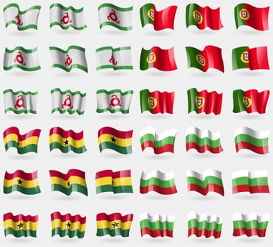 Ingushetia, Portugal, Ghana, Bulgaria. Set of 36 flags of the countries of the world. illustration