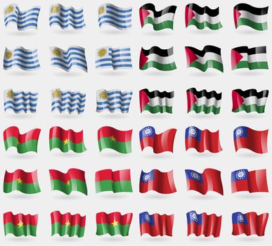Uruguay, Palestine, Burkia Faso, MyanmarBurma. Set of 36 flags of the countries of the world. illustration