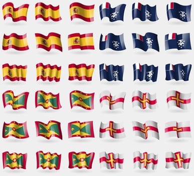 Spain, French and Antarctic, Grenada, Guernsey. Set of 36 flags of the countries of the world. illustration