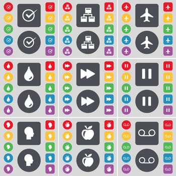 Tick, Network, Airplane, Drop, Rewind, Pause, Silhouette, Apple, Cassette icon symbol. A large set of flat, colored buttons for your design. illustration