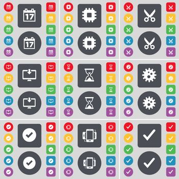 Calendar, Processor, Scissors, Monitor, Hourglass, Gear, Tick, Smartphone icon symbol. A large set of flat, colored buttons for your design. illustration