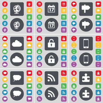 Globe, Calendar, Signpost, Cloud, Lock, Smartphone, Chat cloud, RSS, Puzzle part icon symbol. A large set of flat, colored buttons for your design. illustration