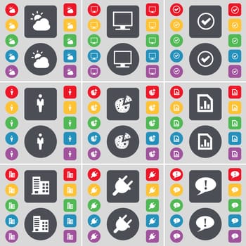 Cloud, Monitor, Tick, Silhouette, Pizza, Graph file, Building, Socket, Chat bubble icon symbol. A large set of flat, colored buttons for your design. illustration