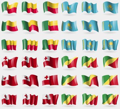 Benin, Kazakhstan, Tongo, Congo Republic. Set of 36 flags of the countries of the world. illustration