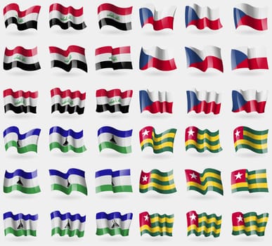 Iraq, Czech Republic, Lesothe, Togo. Set of 36 flags of the countries of the world. illustration