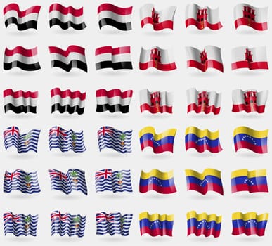 Yemen, Gibraltar, British Indian Ocean Territory, Venezuela. Set of 36 flags of the countries of the world. illustration