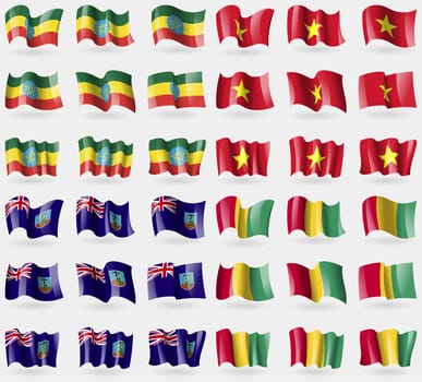 Ethiopia, Vietnam, Montserrat, Guinea. Set of 36 flags of the countries of the world. illustration