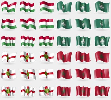 Hungary, Macau, Alderney, Morocco. Set of 36 flags of the countries of the world. illustration