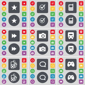 Star, Tick, Mobile phone, Rewind, Camera, Truck, MP3 player, Chat bubble, Gamepad icon symbol. A large set of flat, colored buttons for your design. illustration