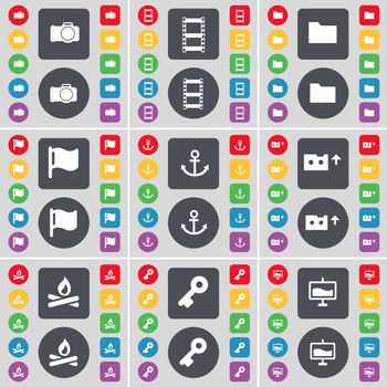 Camera, Negative films, Folder, Flag, Anchor, Cassette, Fire, Key, Graph icon symbol. A large set of flat, colored buttons for your design. illustration