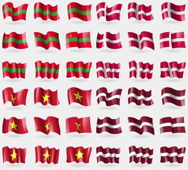 Transnistria, Denmark, Vietnam, Latvia. Set of 36 flags of the countries of the world. illustration