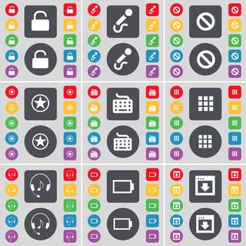 Lock, Microphone, Stop, Star, Keyboard, Apps, Headphones, Battery, Window icon symbol. A large set of flat, colored buttons for your design. illustration
