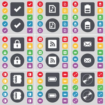 Tick, Music file, Battery, Lock, RSS, Message, Notebook, Battery, Disk icon symbol. A large set of flat, colored buttons for your design. illustration