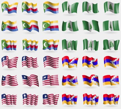 Comoros, Norfolk Island, Liberia, Karabakh Republic. Set of 36 flags of the countries of the world. illustration